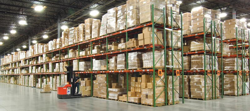 Rows of industrial pallet racking in a distribution warehouse