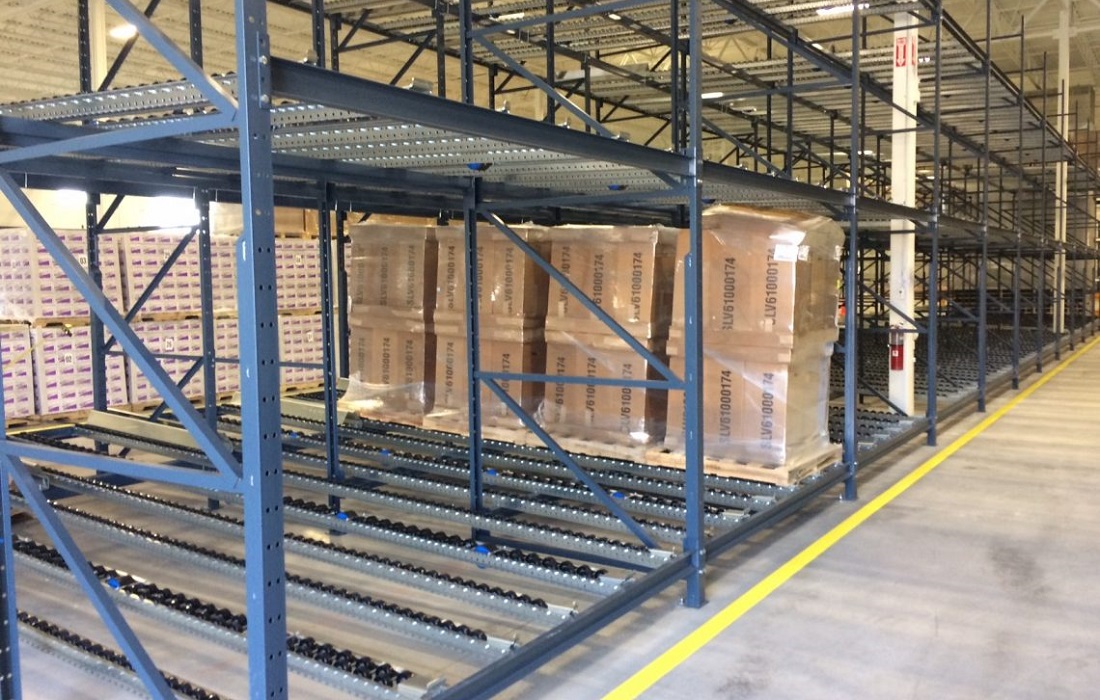 Pallet flow rack lanes with gravity rollers feeding the pick face